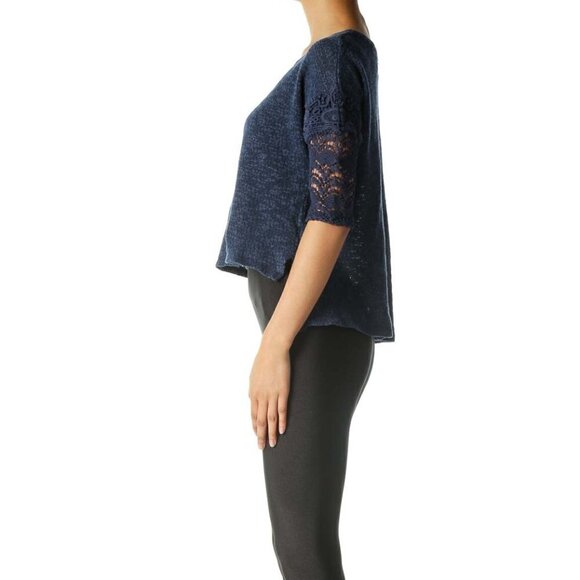 azel hazel hazel haze (anthropologie) Navy Crocheted Sleeve High Low Knit Top - Picture 2 of 3